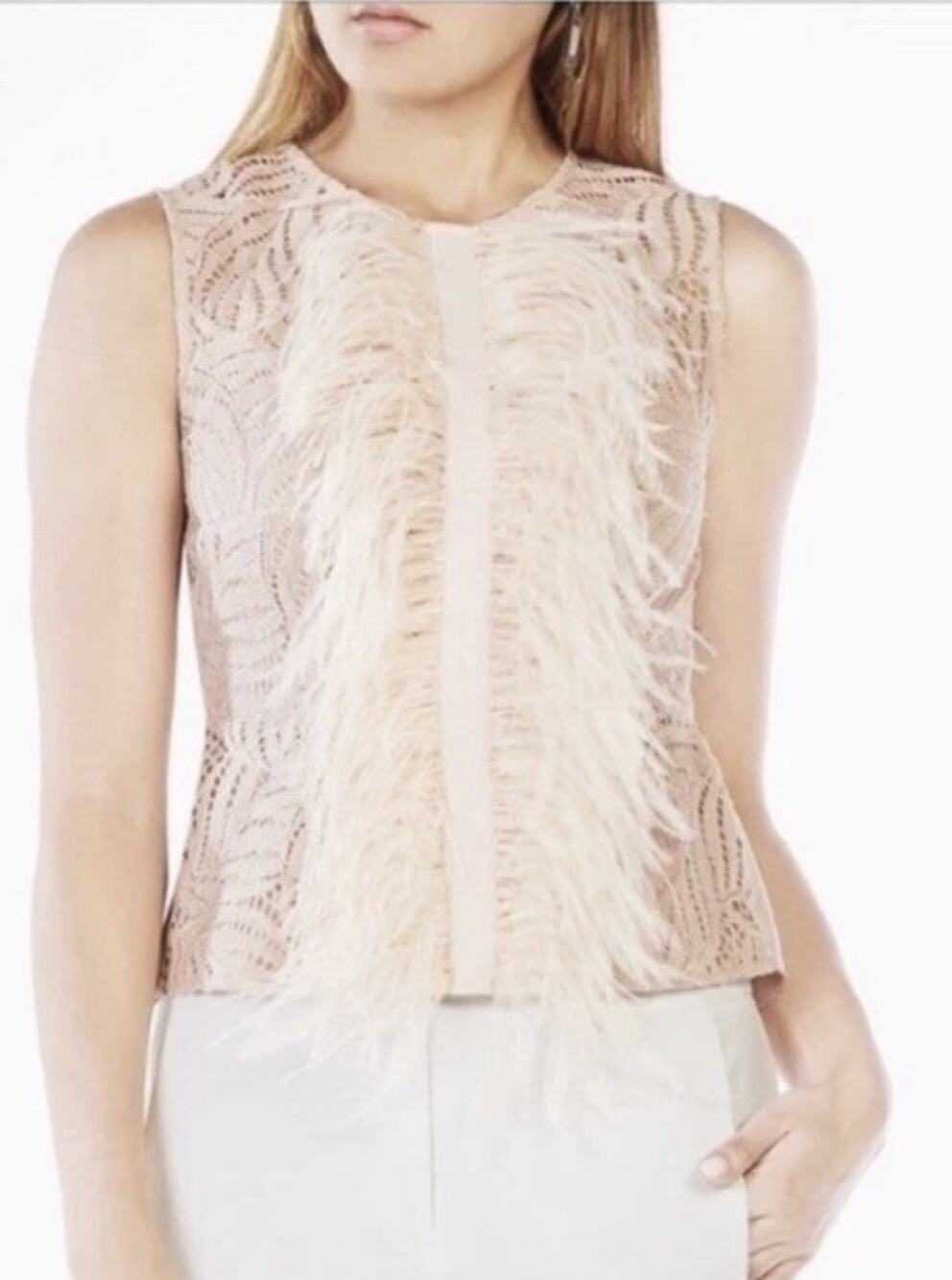 BCBG Max Azria "Meg" Crochet Lace Tank w/ Feathers Sz Small Blush